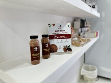 "The image shows the SMRT cocoa flavoured milk and other flavoured milk offerings by Keva Flavours at Gulfood Manufacturing 2024"