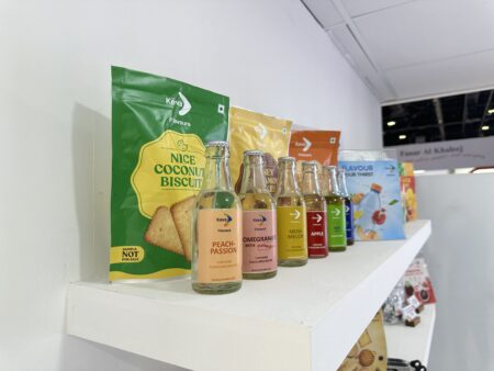 "The image shows fortified fruit flavoured water energy drinks offering by Keva Flavours at Gulfood Manufacturing 2024"